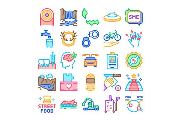 Set of Diverse Outline Icons Depicting V